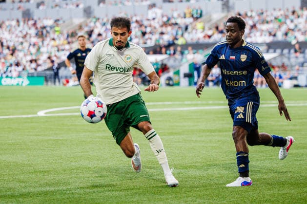 August 13, 2026: Montader Madjed of Hammarby and Erick Ouma of Rakow during the UEFA Conference League qualifying soccer match between Hammarby and Rakow on August 13, 2026 in Stockholm. Photo by Kenta Jönsson, BILDBYRAN COP 210 KJ0361 soccer football fotball UEFA Conference League Conference League Hammarby Rakow bbeng  Copyright: KENTAxJÖNSSON BB260813KJ107