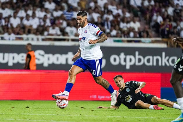 Soccer Croatia UEFA Conference League Qualifiers 2026–2027, Round 3, August 13, 2026: HNK Hajduk Split (Croatia) vs. FK Zalgiris Vilnius (Lithuania) at Poljud Stadium, Split, Croatia; Marko Livaja (Hajduk Split), Dominik Franke, FK Žalgiris Copyright: xLUKAxKOLANOVICx