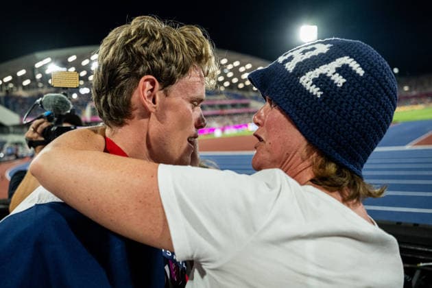 August 13, 2026: Sander Aae Skotheim of Norway celebrates with his family after the men’s decathlon 1,500-meter race on Day 4 of the 2026 European Athletics Championships on August 13, 2026 in Birmingham. Photo by Mathias Bergeld. BILDBYRAN code MB MT1068. track and field, athletics, friidrett, friidrotts EM, 2026 European Athletics Championships, 4 BBENG  Copyright: MATHIASxBERGELD BB260813MB137