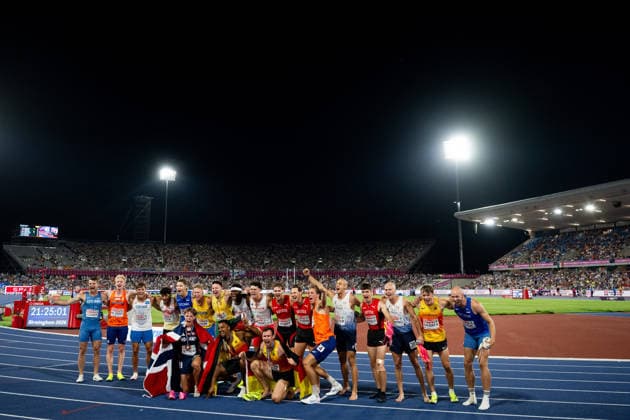 260813 Participants in the men’s decathlon celebrate on day 4 of the 2026 European Athletics Championships on August 13, 2026 in Birmingham. Photo by Mathias Bergeld, BILDBYRAN, code MB MT1068. track and field, athletics, friidrett, friidrotts EM, 2026 European Athletics Championships, 4 BBENG  Copyright: MATHIASxBERGELD BB260813MB143