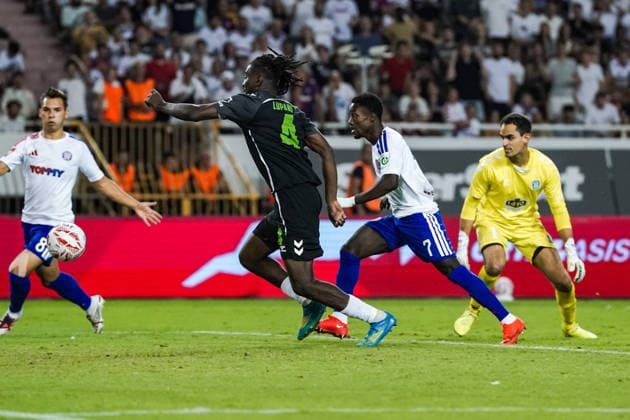 Soccer Croatia UEFA Conference League Qualifiers 2026–2027, Round 3, August 13, 2026, HNK Hajduk Split (Croatia) vs. FK Zalgiris Vilnius (Lithuania), Poljud Stadium, Split, Croatia; Abdoulie Sanyang of Hajduk Split scores the 3-0 goal against Carlos Olses of FK Zalgiris Copyright: xLUKAxKOLANOVICx