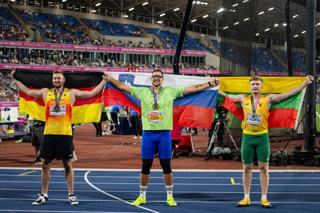 August 13, 2026: Henrik Janssen of Germany, Kristjan Ceh of Slovenia, and Mykolas Alekna of Lithuania celebrate after the men’s discus throw final on Day 4 of the 2026 European Athletics Championships on August 13, 2026 in Birmingham. Photo by Mathias Bergeld, BILDBYRAN, code MB MT1068. track and field, athletics, friidrett, friidrotts EM, 2026 European Athletics Championships, 4 BBENG  Copyright: MATHIASxBERGELD BB260813MB162