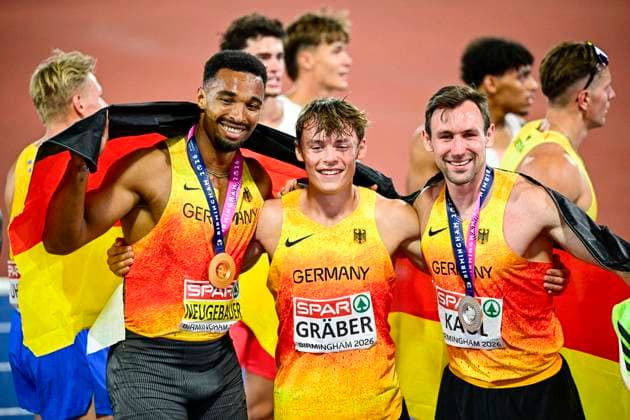 Leo NEUGEBAUER, Germany, VfB Stuttgart, Men s 100m Decathlon, Amadeus GRAEBER, Germany, Eintracht Frankfurt, Men s 100m Decathlon, Niklas KAUL Germany, USC Mainz, Men s 100m Decathlon GBR, European Athletics Championships, Athletics, August 13, 2026, GBR, European Athletics Championships, Athletics, August 13, 2026, Birmingham Copyright: xEibnerxPressefoto JanxPapenfussx EP_JPS