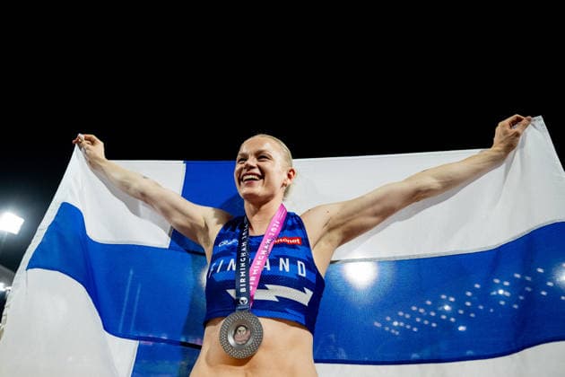 August 13, 2026: Wilma Heltelä of Finland celebrates after the women’s pole vault final on Day 4 of the 2026 European Athletics Championships in Birmingham. 2026 in Birmingham. Photo by Mathias Bergeld. BILDBYRAN code MB MT1068. track and field, athletics, friidrett, friidrotts em, em, friidretts em 2026, European Athletics Championships, 4 bbeng  Copyright: MATHIASxBERGELD BB260813MB180