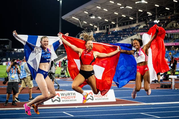 August 13, 2026: Wilma Heltelä of Finland, Angelica Moser of Switzerland, and Marie Julie Bonnin of France celebrate after the women’s pole vault final on Day 4 of the 2026 European Athletics Championships on August 13, 2026 in Birmingham. Photo by Mathias Bergeld. BILDBYRAN code MB MT1068. track and field, athletics, friidrett, friidrotts em, em, friidretts em 2026, European Athletics Championships, 4 bbeng Copyright: MATHIASxBERGELD BB260813MB183