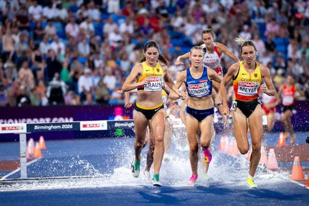 August 13, 2026, GBR, Track and Field, 2026 European Championships, Evening Session Day 4, Birmingham: Gesa Felicitas Krause (Germany), Ilona Mononen (Finland), Lea Meyer (Germany) in the water jump, Women’s 3,000-meter steeplechase, Final, Birmingham Alexander Stadium, England, Great Britain Copyright: xNordphoto Memmlerx