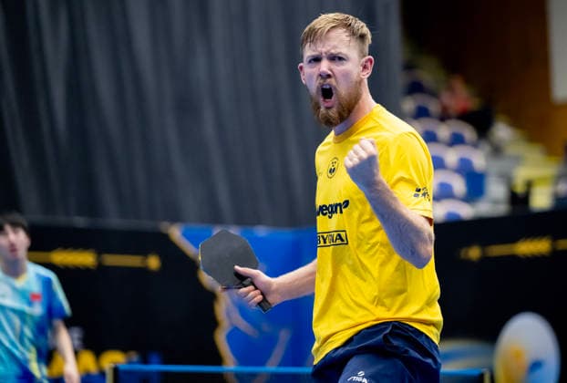 MALMÖ, August 13, 2026 — Sweden’s Elias Ranefur celebrates after scoring a point against Wen Ruibo of China in the second round of the men’s singles at the Europe Smash Sweden 2026 table tennis tournament at Baltiska Hallen in Malmö, Sweden, on August 13, 2026 MALMÖ SWEDEN x50090x  Copyright: xJohanxNilssonx xTTx EUROPE SMASH SWEDEN 2026