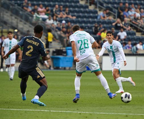 August 13, 2026, Chester, Pennsylvania, United States: Santos Laguna player, RAMIRO SORDO (26) in action against Philadelphia Union player, GEINER MARTINEZ (2) during the Leagues Cup match at Subaru Park in Chester PA Soccer 2026: Santos Laguna 2 : 0 Philadelphia Union  - ZUMArf1_ 20260813_zaf_rf1_001 Copyright: xRickyxFitchettx