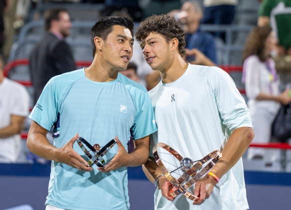 August 13, 2026, Montreal, Pq, Canada: Winner Ben Shelton, right, of the United States, and the runner up, compatriot Brandon Nakashima, pose with their trophies following final tennis action at the National Bank Open in Montreal on Thursday, Aug. 13, 2026. Canada News - August 13, 2026 - ZUMAc35_ 20260813_zaf_c35_145 Copyright: xChristinnexMuschix