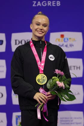 Angelina Melnikova, RUS, after qualifying at the 2026 European Championships in Zagreb on August 13, 2026