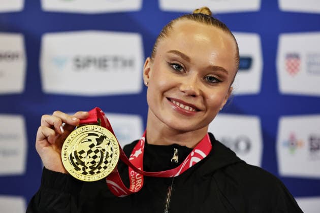 Angelina Melnikova, RUS, after qualifying at the 2026 European Championships in Zagreb on August 13, 2026