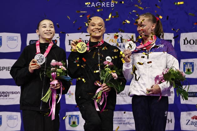 Anna Kalmykova (RUS), Angelina Melnikova (RUS), and Elena Colas (FRA) after qualifying at the 2026 European Championships in Zagreb on August 13, 2026