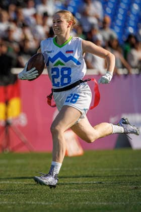 Germany GER vs. Slovenia SLO, Day 2 Women s Division at the IFAF Flag Football Championships Düsseldorf 2026, August 14, 2026, Düsseldorf, Germany. Tia Govejöek (SLO) No. 28 during the match between Germany (GER) and Slovenia (SLO) on the second day of the Women’s IFAF Flag Football World Championships at the Bezirkssportanlage Düsseldorf Garath Copyright: xBEAUTIFULxSPORTS B.Hoffmannx
