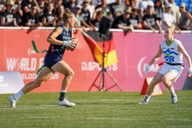 Germany GER vs. Slovenia SLO, Day 2 Women s Division at the IFAF Flag Football Championships Düsseldorf 2026, August 14, 2026, Düsseldorf, Germany. Carla Charlotte Törner (GER 14) during the match between Germany (GER) and Slovenia (SLO) on the second day of the Women’s IFAF Flag Football World Championships at the Bezirkssportanlage Düsseldorf Garath Copyright: xBEAUTIFULxSPORTS B.Hoffmannx