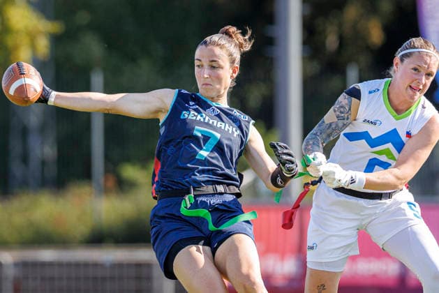 Germany GER vs. Slovenia SLO, Day 2 Women s Division at the IFAF Flag Football Championships Düsseldorf 2026, August 14, 2026, Düsseldorf, Germany—Kyra Fischer (GER, No. 7) and Karin Bernik (SLO, No. 9) during the match between Germany (GER) and Slovenia (SLO) on the second day of the Women’s IFAF Flag Football World Championships at the Bezirkssportanlage Düsseldorf Garath Copyright: xBEAUTIFULxSPORTS B.Hoffmannx