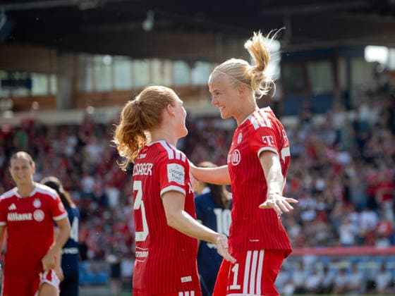 Bayern Celebrates at Sportpark After Bayern s No. 21, Pernille HARDER, Scores the 1-0 Goal; Bayern s No. 3, Stine PEDERSEN, Women s Soccer, Bayern 2-0 Paris, Women s Soccer, FC Bayern Munich Women vs. Paris FC, Friendly Match, Preseason Match for the 2026–2027 Season, on August 9, 2026, in Unterhaching, S P O R T P A R K U N T E R H A C H I N G, Germany Source: Copyright Credit Oryk HAIST xFUSSBALL-FCBFx