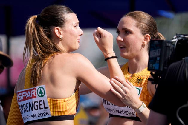 BIRMINGHAM, GREAT BRITAIN - AUGUST 14, 2026 : Sandrina SPRENGEL (GER Germany) and Sophie WEIßENBERG (GER Germany) competing in the 100m hurdles in the heptathlon during the European Athletics Championships at Alexander Stadium on August 14, 2026 in Birmingham, Great Britain. Great Britain Copyright: xLeahxKohringx
