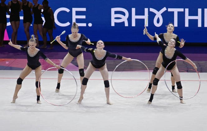 August 14, 2026, xhbx, 2026 Rhythmic Gymnastics World Championships, from left: Germany’s podium practice, DFL, DFB. REGULATIONS PROHIBIT ANY USE OF PHOTOGRAPHS AS IMAGE SEQUENCES AND OR QUASI-VIDEO. Frankfurt am Main