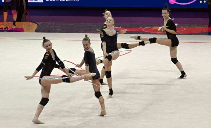 August 14, 2026, xhbx, 2026 Rhythmic Gymnastics World Championships, from left: Germany’s podium practice, DFL, DFB. REGULATIONS PROHIBIT ANY USE OF PHOTOGRAPHS AS IMAGE SEQUENCES AND OR QUASI-VIDEO. Frankfurt am Main