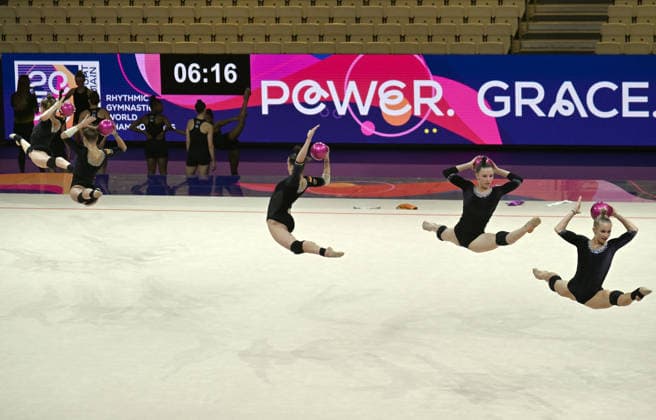 August 14, 2026, xhbx, 2026 Rhythmic Gymnastics World Championships, from left: Germany’s podium practice, DFL, DFB. REGULATIONS PROHIBIT ANY USE OF PHOTOGRAPHS AS IMAGE SEQUENCES AND OR QUASI-VIDEO. Frankfurt am Main