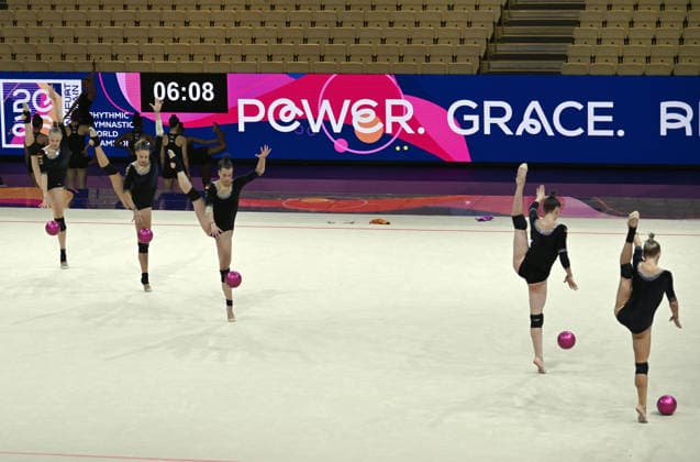 August 14, 2026, xhbx, 2026 Rhythmic Gymnastics World Championships, from left: Germany’s podium practice, Group DFL DFB REGULATIONS PROHIBIT ANY USE OF PHOTOGRAPHS as IMAGE SEQUENCES and or QUASI-VIDEO Frankfurt am Main