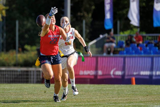 Great Britain (GBR) vs. Austria (AUT), Day 2, Women s Division at the IFAF Flag Football Championships in Düsseldorf 2026, August 14, 2026, Düsseldorf, Germany. Hannah Paige Elliott (GBR 22) during the match between Great Britain (GBR) and Austria (AUT) on the second day of the Women’s IFAF Flag Football World Championships at the Bezirkssportanlage Düsseldorf Garath Copyright: xBEAUTIFULxSPORTS B.Hoffmannx