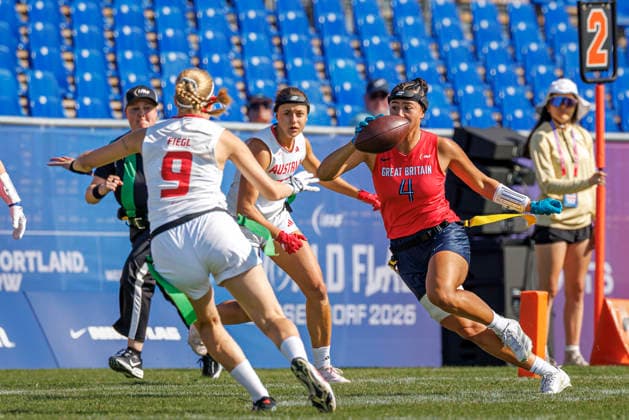 Great Britain GBR vs. Austria AUT, Day 2 Women s Division at the IFAF Flag Football Championships Düsseldorf 2026, August 14, 2026, Düsseldorf, Germany. Angelica Tait (GBR 4) during the match between Great Britain (GBR) and Austria (AUT) on the second day of the Women’s IFAF Flag Football World Championships at the Bezirkssportanlage Düsseldorf Garath Copyright: xBEAUTIFULxSPORTS B.Hoffmannx