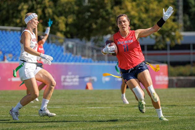 Great Britain (GBR) vs. Austria (AUT), Day 2 Women s Division at the IFAF Flag Football Championships in Düsseldorf 2026, August 14, 2026, Düsseldorf, Germany. Marta Bakowska Mathews (GBR 11) during the match between Great Britain (GBR) and Austria (AUT) on the second day of the Women’s IFAF Flag Football World Championships at the Bezirkssportanlage Düsseldorf Garath Copyright: xBEAUTIFULxSPORTS B.Hoffmannx