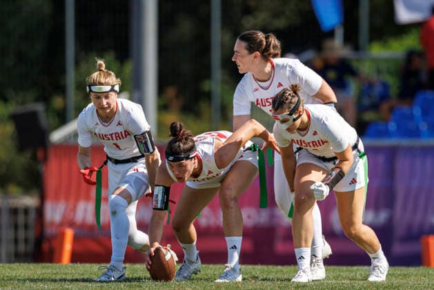 Great Britain GBR vs. Austria AUT, Day 2 Women s Division at the IFAF Flag Football Championships Düsseldorf 2026, August 14, 2026, Düsseldorf, Germany. August 14, 2026: Franziska Tabitha Sottner AUT 1, Katrin Mansbart AUT 65, Saskia Stribrny AUT 10, and Magdalena Helm AUT 4 during the match between Great Britain (GBR) and Austria (AUT) on the second day of the Women’s IFAF Flag Football World Championships at the Bezirkssportanlage Düsseldorf Garath Copyright: xBEAUTIFULxSPORTS B.Hoffmannx