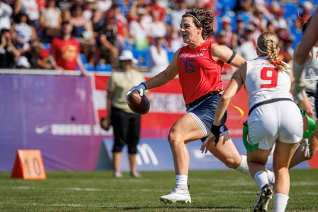 Great Britain GBR vs. Austria AUT, Day 2 Women s Division at the IFAF Flag Football Championships Düsseldorf 2026, August 14, 2026, Düsseldorf, Germany. Emily Anne Kemp (GBR 15) during the match between Great Britain (GBR) and Austria (AUT) on the second day of the Women’s IFAF Flag Football World Championships at the Bezirkssportanlage Düsseldorf Garath Copyright: xBEAUTIFULxSPORTS B.Hoffmannx