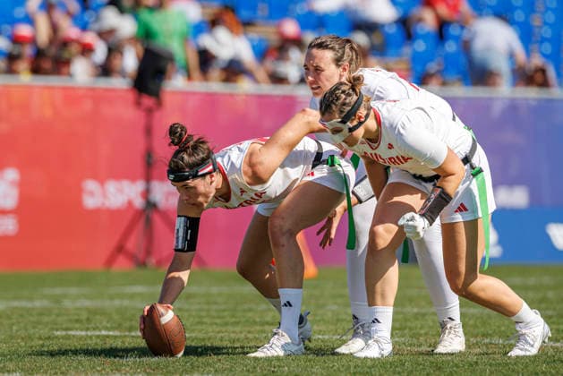 Great Britain GBR vs. Austria AUT, Day 2 Women s Division at the IFAF Flag Football World Championships in Düsseldorf 2026, August 14, 2026, Düsseldorf, Germany. Katrin Mansbart AUT 65, Saskia Stribrny AUT 10, and Magdalena Helm AUT 4 during the match between Great Britain (GBR) and Austria (AUT) on the second day of the Women’s IFAF Flag Football World Championships at the Bezirkssportanlage Düsseldorf Garath Copyright: xBEAUTIFULxSPORTS B.Hoffmannx
