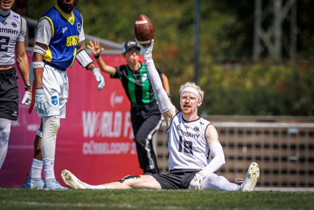 Germany GER vs. Brazil BRA, Day 2 Men s Division at the IFAF Flag Football Championships Düsseldorf 2026, August 14, 2026, Düsseldorf, Germany. Nora Cermak (GER 18) during the match between Germany (GER) and Brazil (BRA) on the second day of the Men’s IFAF Flag Football World Championships at the Bezirkssportanlage Düsseldorf Garath Copyright: xBEAUTIFULxSPORTS B.Hoffmannx