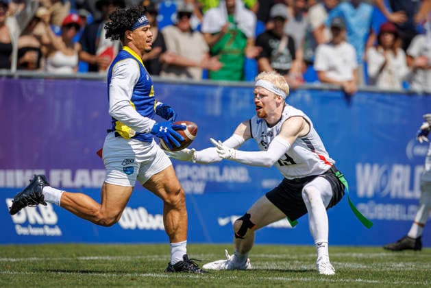 Germany GER vs. Brazil BRA, Day 2 Men s Division at the IFAF Flag Football World Championships Düsseldorf 2026, August 14, 2026, Düsseldorf, Germany, Aug. 14, 2026 Adner Sanches Ladeira (BRA, No. 2) and Luca Samuel Bultmann (GER, No. 19) during the match between Germany (GER) and Brazil (BRA) on the second day of the Men’s IFAF Flag Football World Championships at the Bezirkssportanlage Düsseldorf Garath Copyright: xBEAUTIFULxSPORTS B.Hoffmannx