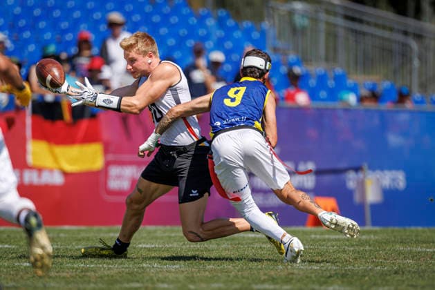 Germany GER vs. Brazil BRA, Day 2 Men s Division at the IFAF Flag Football Championships Düsseldorf 2026, August 14, 2026, Düsseldorf, Germany, Aug. 14, 2026 Ben Fröhlich (GER) 10 and Rhuan Pablo Carvalho de Oliveira Lima (BRA) 9 during the match between Germany (GER) and Brazil (BRA) on the second day of the Men’s IFAF Flag Football World Championships at the Bezirkssportanlage Düsseldorf Garath Copyright: xBEAUTIFULxSPORTS B.Hoffmannx