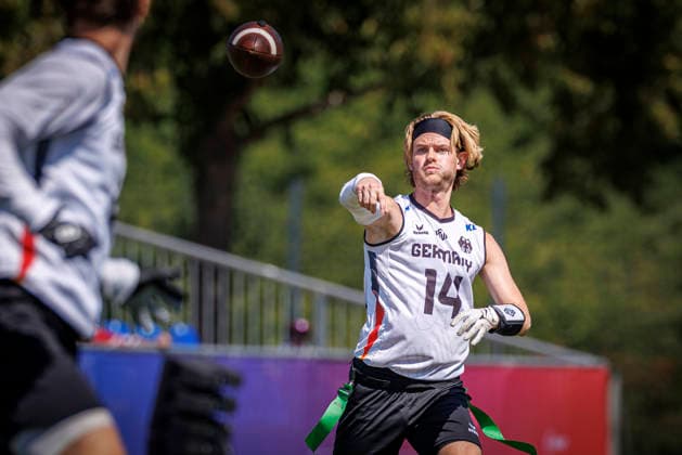 Germany GER vs. Brazil BRA, Day 2 Men s Division at the IFAF Flag Football Championships Düsseldorf 2026, August 14, 2026, Düsseldorf, Germany. Philipp Marco Klein (GER 14) during the match between Germany (GER) and Brazil (BRA) on the second day of the Men’s IFAF Flag Football World Championships at the Bezirkssportanlage Düsseldorf Garath Copyright: xBEAUTIFULxSPORTS B.Hoffmannx