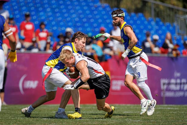 Germany GER vs. Brazil BRA, Day 2 Men s Division at the IFAF Flag Football Championships Düsseldorf 2026, August 14, 2026, Düsseldorf, Germany, Aug. 14, 2026 Ben Fröhlich (GER) 10 and Rhuan Pablo Carvalho de Oliveira Lima (BRA) 9 during the match between Germany (GER) and Brazil (BRA) on the second day of the Men’s IFAF Flag Football World Championships at the Bezirkssportanlage Düsseldorf Garath Copyright: xBEAUTIFULxSPORTS B.Hoffmannx
