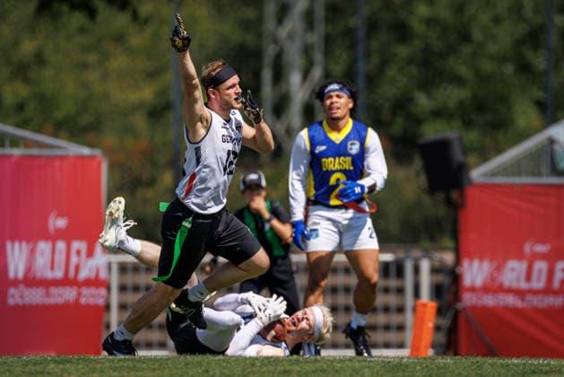 Germany GER vs. Brazil BRA, Day 2 Men s Division at the IFAF Flag Football Championships Düsseldorf 2026, August 14, 2026, Düsseldorf, Germany, Aug. 14, 2026 Moritz Apfel (GER 12) and Luca Samuel Bultmann (GER 19) during the match between Germany (GER) and Brazil (BRA) on the second day of the Men’s IFAF Flag Football World Championships at the Bezirkssportanlage Düsseldorf Garath Copyright: xBEAUTIFULxSPORTS B.Hoffmannx