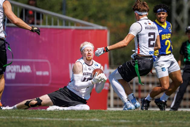 Germany GER vs. Brazil BRA, Day 2 Men s Division at the IFAF Flag Football Championships Düsseldorf 2026, August 14, 2026, Düsseldorf, Germany. Luca Samuel Bultmann (GER 19) during the match between Germany (GER) and Brazil (BRA) on the second day of the Men’s IFAF Flag Football World Championships at the Bezirkssportanlage Düsseldorf Garath Copyright: xBEAUTIFULxSPORTS B.Hoffmannx