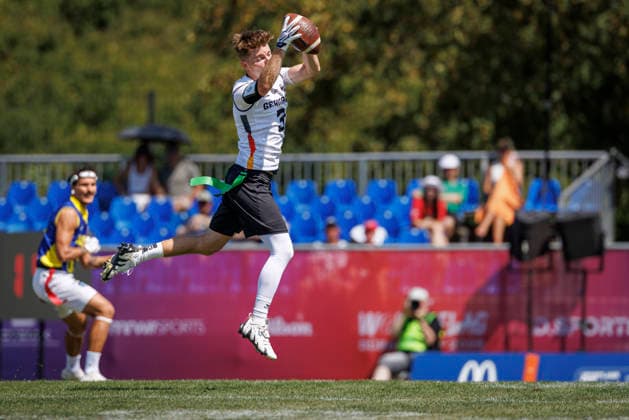 Germany GER vs. Brazil BRA, Day 2 Men s Division at the IFAF Flag Football Championships Düsseldorf 2026, August 14, 2026, Düsseldorf, Germany. Justin Schlesinger (GER 3) during the match between Germany (GER) and Brazil (BRA) on the second day of the Men’s IFAF Flag Football World Championships at the Bezirkssportanlage Düsseldorf Garath Copyright: xBEAUTIFULxSPORTS B.Hoffmannx