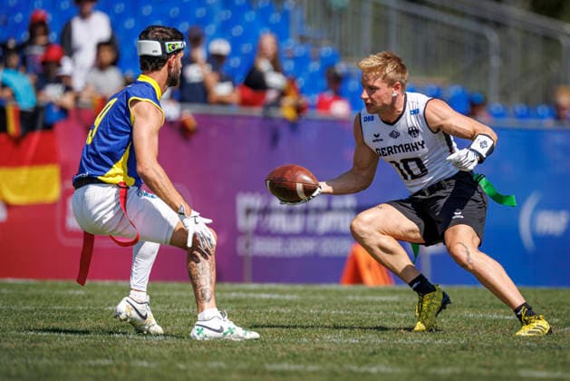 Germany GER vs. Brazil BRA, Day 2 Men s Division at the IFAF Flag Football Championships Düsseldorf 2026, August 14, 2026, Düsseldorf, Germany. Ben Fröhlich (GER) No. 10 during the match between Germany (GER) and Brazil (BRA) on the second day of the Men’s IFAF Flag Football World Championships at the Bezirkssportanlage Düsseldorf Garath Copyright: xBEAUTIFULxSPORTS B.Hoffmannx