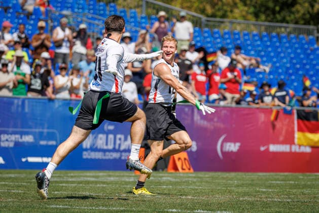 Germany GER vs. Brazil BRA, Day 2 Men s Division at the IFAF Flag Football World Championships Düsseldorf 2026, August 14, 2026, Düsseldorf, Germany, Aug. 14, 2026 Fabian Achenbach (GER 21) and Ben Fröhlich (GER 10) during the match between Germany (GER) and Brazil (BRA) on the second day of the Men’s IFAF Flag Football World Championships at the Bezirkssportanlage Düsseldorf Garath Copyright: xBEAUTIFULxSPORTS B.Hoffmannx