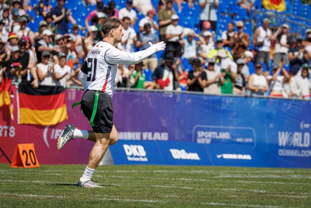 Germany GER vs. Brazil BRA, Day 2 Men s Division at the IFAF Flag Football Championships Düsseldorf 2026, August 14, 2026, Düsseldorf, Germany. Fabian Achenbach (GER 21) during the match between Germany (GER) and Brazil (BRA) on the second day of the Men’s IFAF Flag Football World Championships at the Bezirkssportanlage Düsseldorf Garath Copyright: xBEAUTIFULxSPORTS B.Hoffmannx