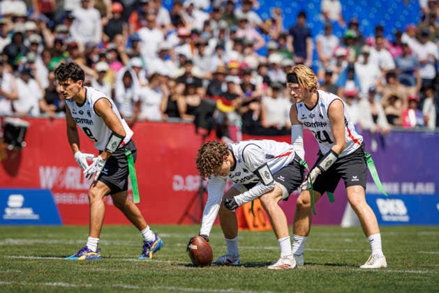 Germany GER vs. Brazil BRA, Day 2 Men s Division at the IFAF Flag Football Championships Düsseldorf 2026, August 14, 2026, Düsseldorf, Germany, Aug. 14, 2026 Malik Al Kahlout (GER) 8, Theo Hack (GER) 4, and Philipp Marco Klein (GER) 14 during the match between Germany (GER) and Brazil (BRA) on the second day of the Men’s IFAF Flag Football World Championships at the Bezirkssportanlage Düsseldorf Garath Copyright: xBEAUTIFULxSPORTS B.Hoffmannx