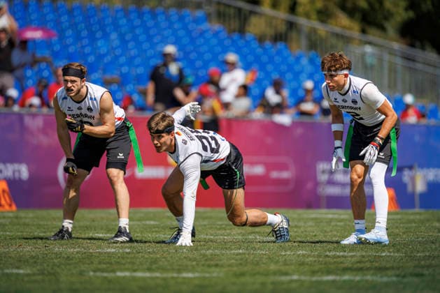Germany GER vs. Brazil BRA, Day 2 Men s Division at the IFAF Flag Football Championships Düsseldorf 2026, August 14, 2026, Düsseldorf, Germany, Aug. 14, 2026 Fabian Achenbach (GER 21), Ramon Emanuel Seifert (GER 25), and Moritz Kulenovic (GER 2) during the match between Germany (GER) and Brazil (BRA) on the second day of the Men’s IFAF Flag Football World Championships at the Bezirkssportanlage Düsseldorf Garath Copyright: xBEAUTIFULxSPORTS B.Hoffmannx