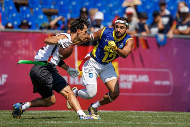 Germany GER vs. Brazil BRA, Day 2 Men s Division at the IFAF Flag Football Championships Düsseldorf 2026, August 14, 2026, Düsseldorf, Germany, Aug. 14, 2026 Malik Al Kahlout (GER) 8 and Felipe Nunes Almeida dos Santos (BRA) 12 during the match between Germany (GER) and Brazil (BRA) on the second day of the Men’s IFAF Flag Football World Championships at the Bezirkssportanlage Düsseldorf Garath Copyright: xBEAUTIFULxSPORTS B.Hoffmannx
