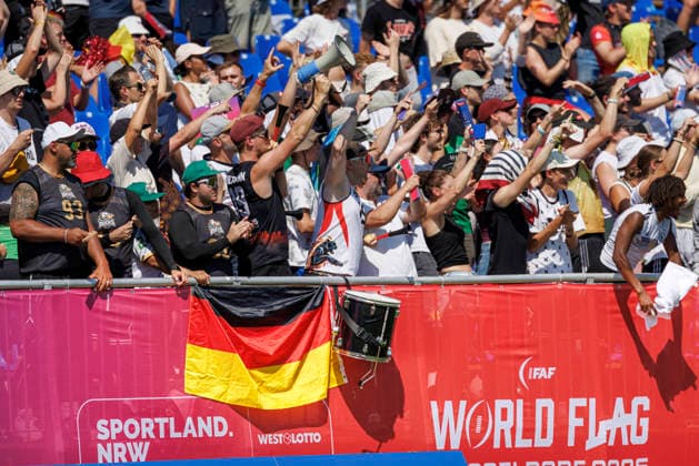 Germany (GER) vs. Brazil (BRA), Day 2 of the Men s IFAF Flag Football World Championships in Düsseldorf 2026, August 14, 2026, Düsseldorf, Germany—German fans during the match between Germany (GER) and Brazil (BRA) on the second day of the Men’s IFAF Flag Football World Championships at the Bezirkssportanlage Düsseldorf Garath Copyright: xBEAUTIFULxSPORTS B.Hoffmannx