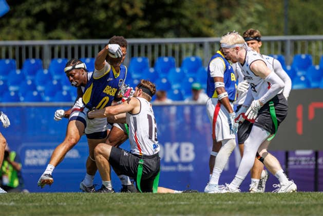 Germany GER vs. Brazil BRA, Day 2 Men s Division at the IFAF Flag Football Championships Düsseldorf 2026, August 14, 2026, Düsseldorf, Germany. Renato Esdras Santana Munford de Oliveira (BRA) scored 0 during the match between Germany (GER) and Brazil (BRA) on the second day of the Men’s IFAF Flag Football World Championships at the Bezirkssportanlage Düsseldorf Garath. Copyright: xBEAUTIFULxSPORTS B.Hoffmannx