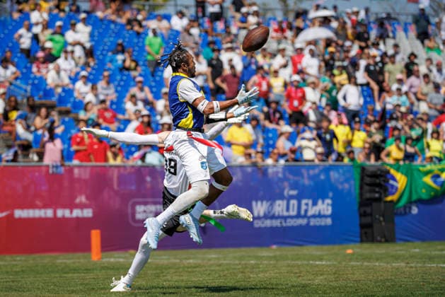 Germany GER vs. Brazil BRA, Day 2 Men s Division at the IFAF Flag Football Championships Düsseldorf 2026, August 14, 2026, Düsseldorf, Germany—Wallace Rodrigues Placido (BRA 1) during the match between Germany (GER) and Brazil (BRA) on the second day of the Men’s IFAF Flag Football World Championships at the Bezirkssportanlage Düsseldorf Garath Copyright: xBEAUTIFULxSPORTS B.Hoffmannx