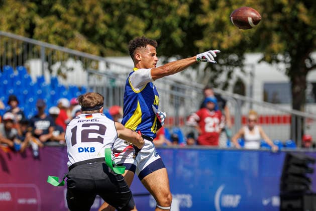 Germany GER vs. Brazil BRA, Day 2 Men s Division at the IFAF Flag Football Championships Düsseldorf 2026, August 14, 2026, Düsseldorf, Germany. Renato Esdras Santana Munford de Oliveira (BRA) scored 0 points during the match between Germany (GER) and Brazil (BRA) on the second day of the Men’s IFAF Flag Football World Championships at the Bezirkssportanlage Düsseldorf Garath. Copyright: xBEAUTIFULxSPORTS B.Hoffmannx