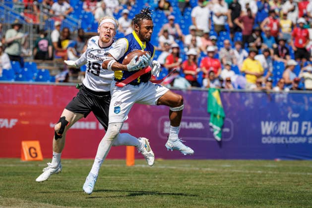 Germany GER vs. Brazil BRA, Day 2 Men s Division at the IFAF Flag Football Championships Düsseldorf 2026, August 14, 2026, Düsseldorf, Germany. Wallace Rodrigues Placido (BRA 1) during the match between Germany (GER) and Brazil (BRA) on the second day of the Men’s IFAF Flag Football World Championships at the Bezirkssportanlage Düsseldorf Garath Copyright: xBEAUTIFULxSPORTS B.Hoffmannx